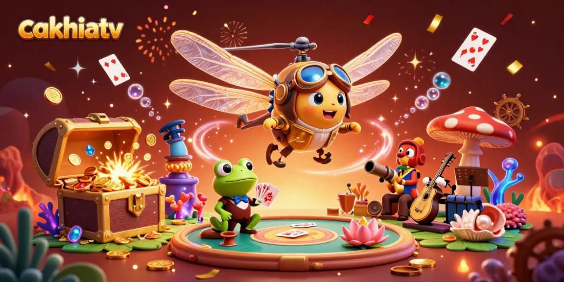 Cakhiatv showcasing vibrant dragonfly pilot and frog croupier in a lively casino scene