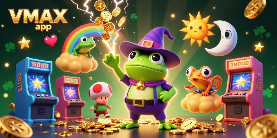Experience winning with the VMAX app in a vibrant online casino realm filled with golden coins and arcade fun.