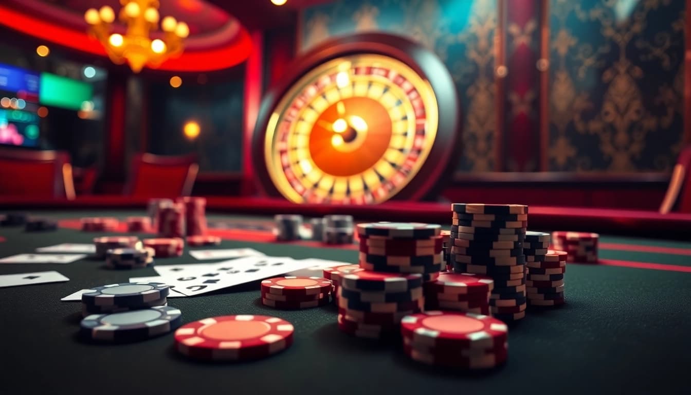 Engaging casino gaming scene with poker and roulette reflecting hz88 excitement.