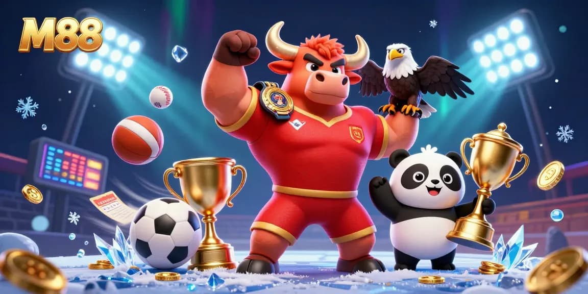 M88 online casino winning moment with a bull mascot and a panda celebrating.