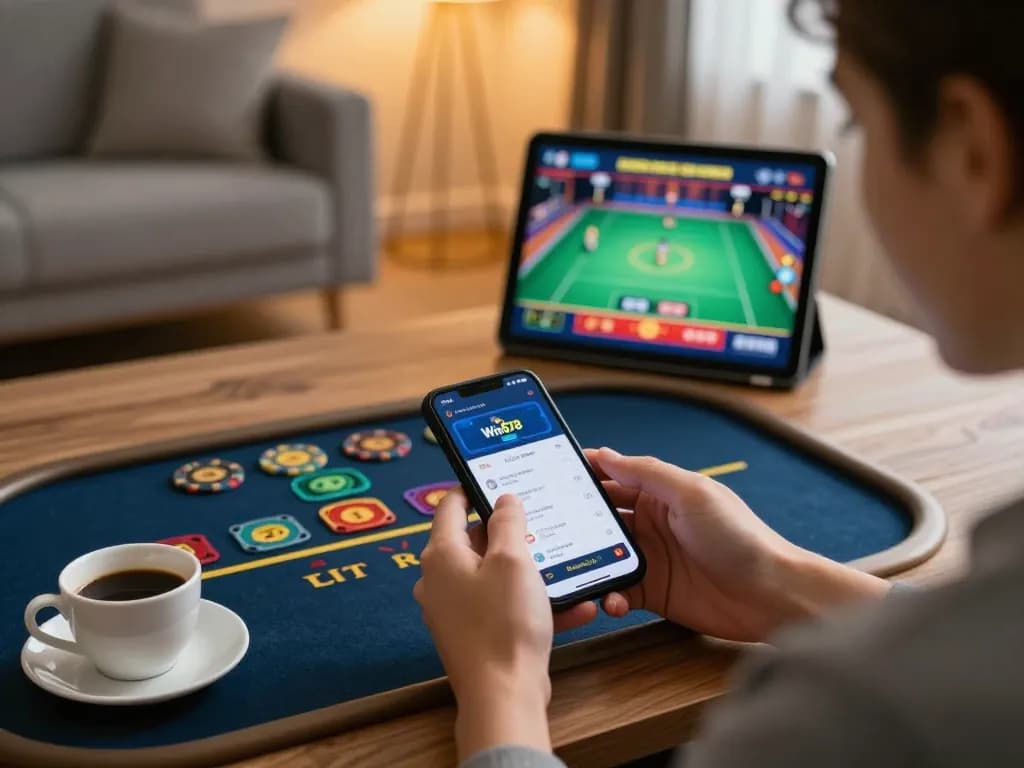 Win678 user engaging with mobile casino app in a cozy modern setting.