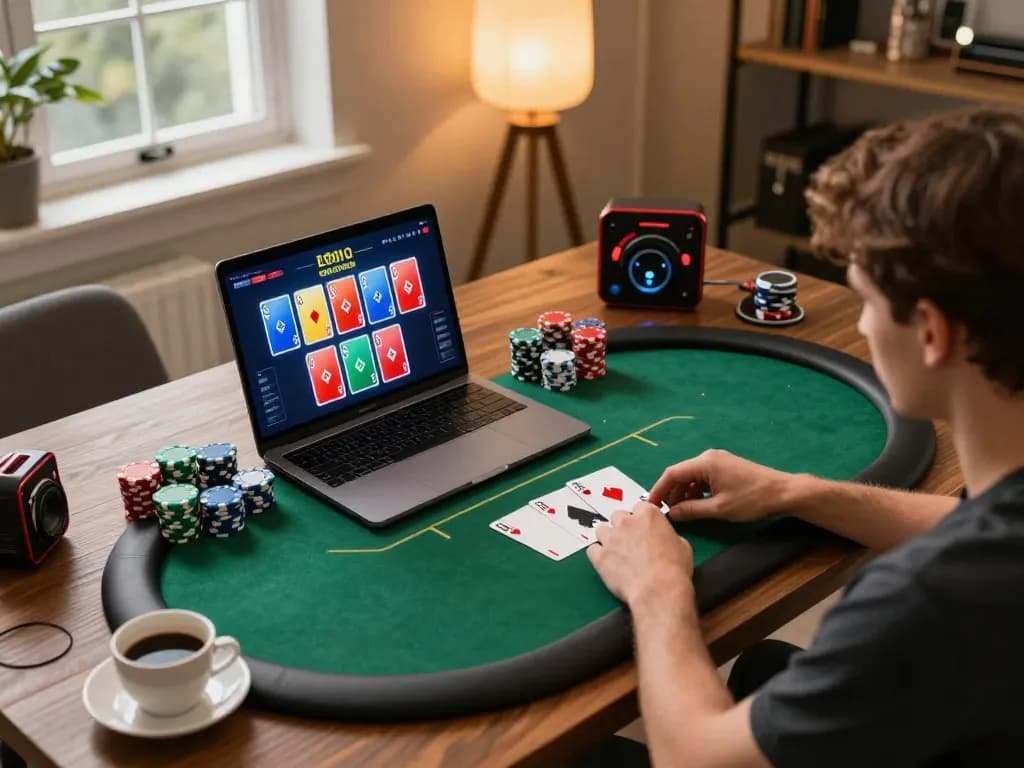 Engage with go8 in an exciting online poker game at home, showcasing a vibrant gaming setup.
