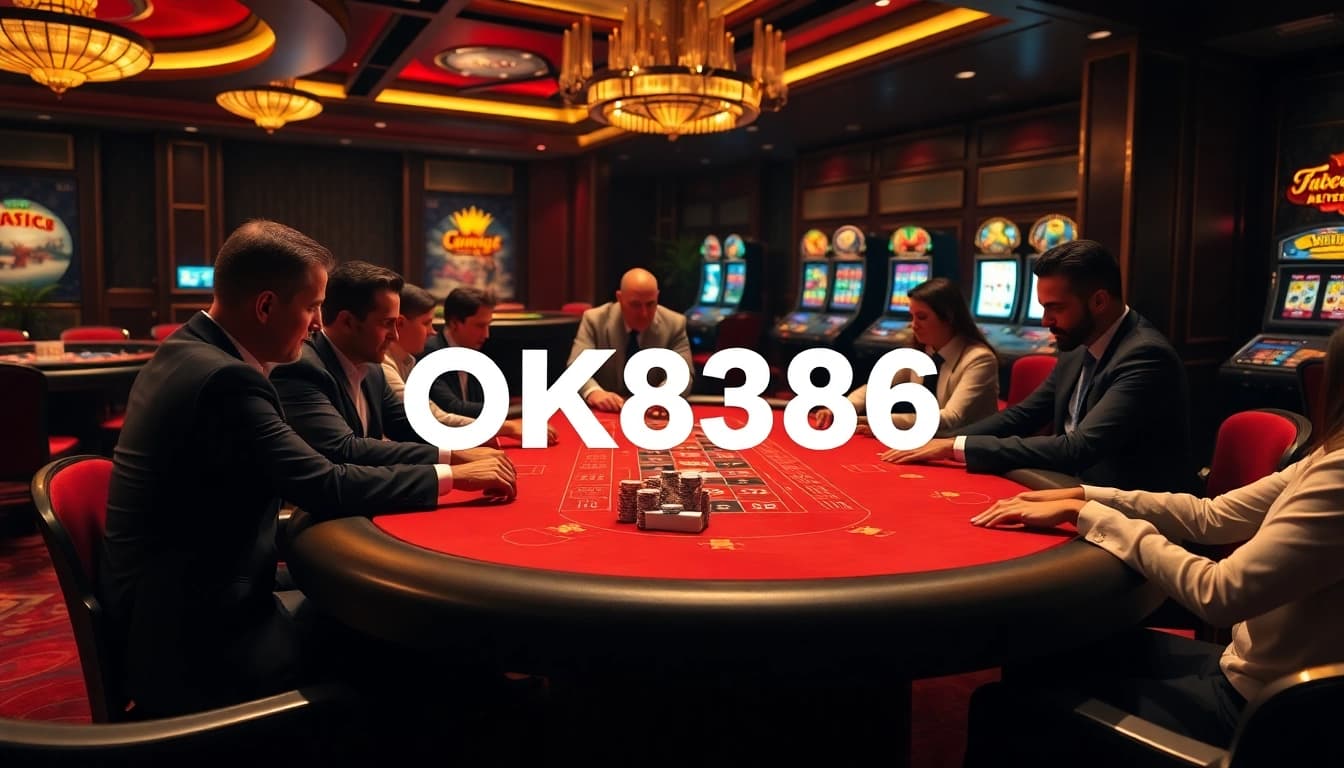 Players engage in high-stakes poker at OK8386 casino with vibrant elements, showcasing excitement.
