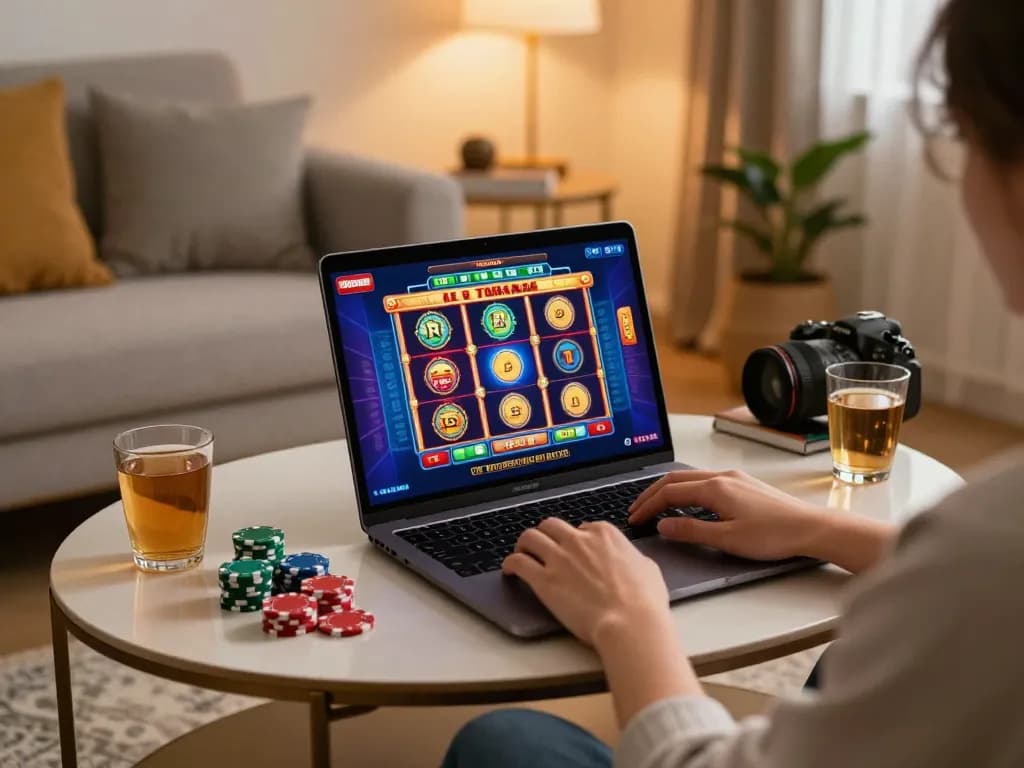 Person engaging in online casino gaming on DH88’s platform at home with a laptop, showcasing an exciting atmosphere.