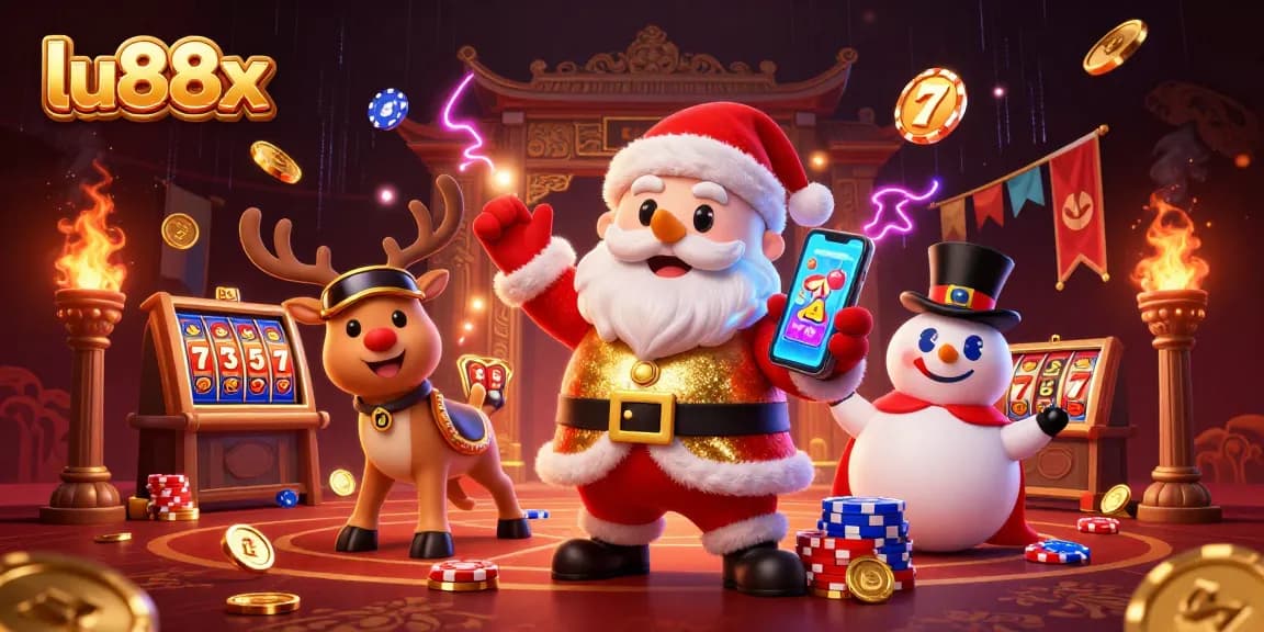 Experience thrilling wins at lu88x with a vibrant 3D casino illustration featuring a festive theme.
