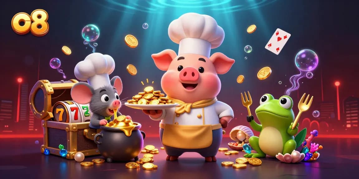 Experience thrilling casino action with o8 as a chef pig serves gold coins, showcasing vibrant underwater elements.