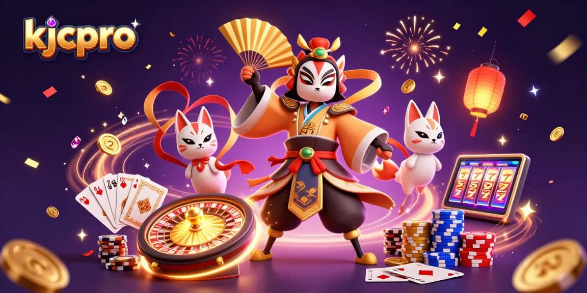 KJCPro showcases a kabuki warrior in a vibrant casino scene, surrounded by games and coins.