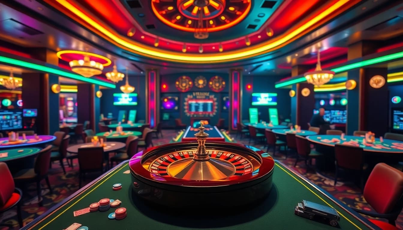 Experience thrilling gameplay at tr88 bet with a vibrant casino atmosphere featuring roulette and poker tables.