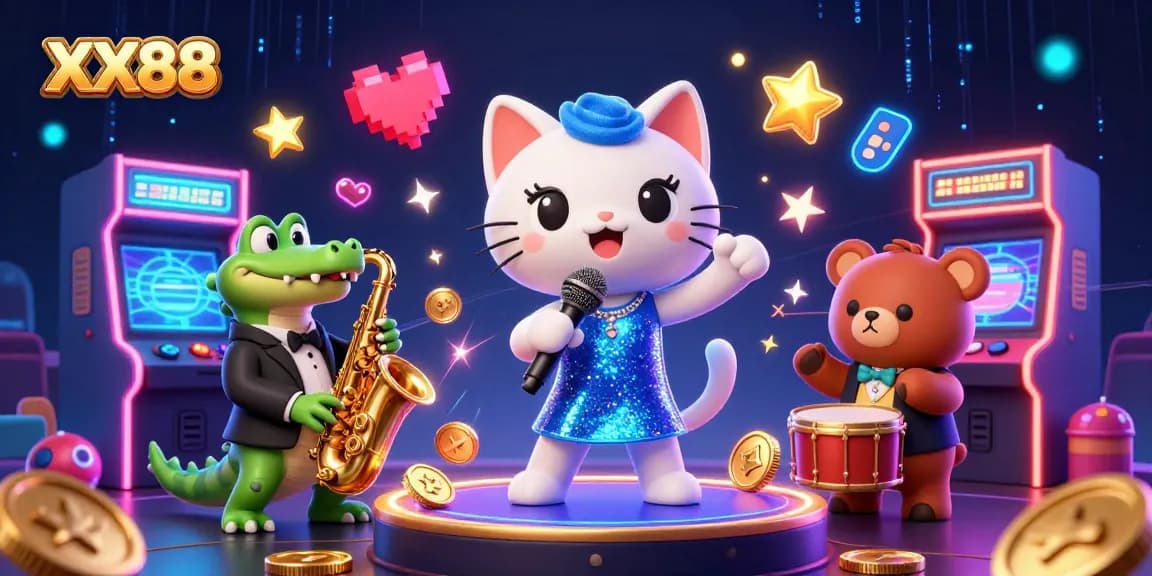 Experience the thrill of XX88 casino with vibrant characters in a lively jackpot scene filled with games and entertainment.