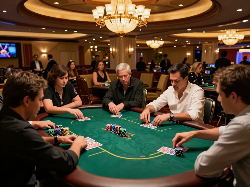 ONE88 poker game in progress with players and luxury casino ambiance, showcasing engagement and strategic play.