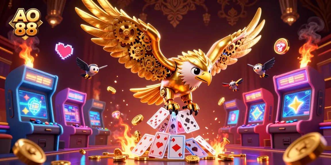 Experience the thrill of AO 88 as a golden eagle dives through holographic cards amidst a vibrant casino scene.