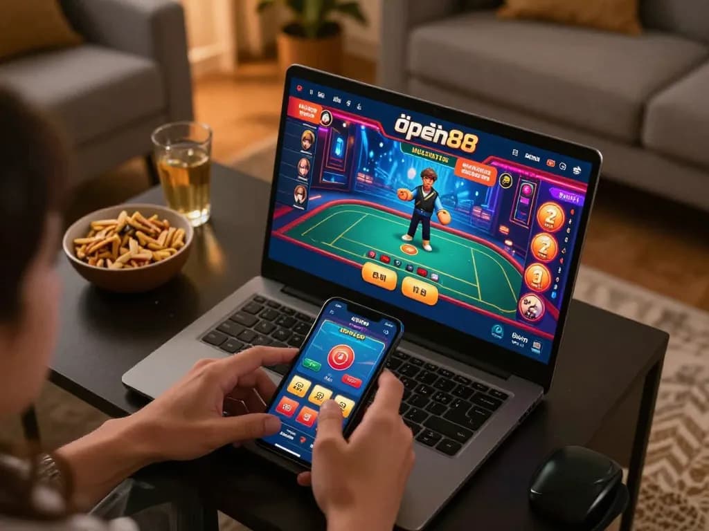 Active user enjoying online gaming at nhà cái open88 with mobile app, displaying vibrant betting options.