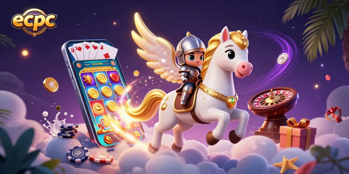 Spin the reels with ecpc's celestial knight as slots and coins cascade in a vibrant casino scene.