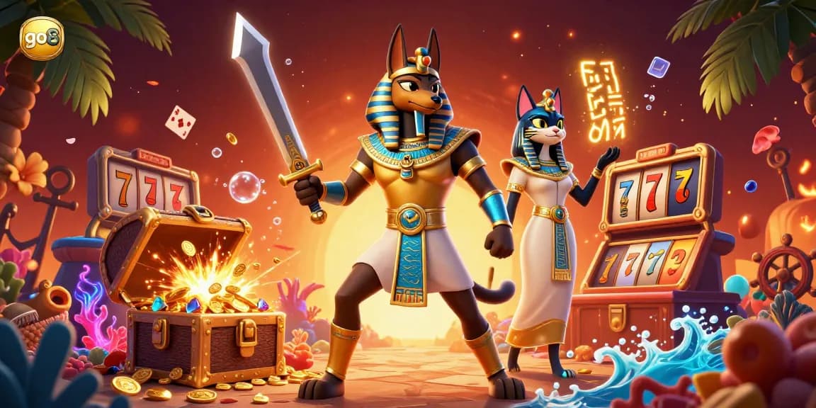 Engage with go8's thrilling slot machines and jackpot excitement in a vibrant casino scene.