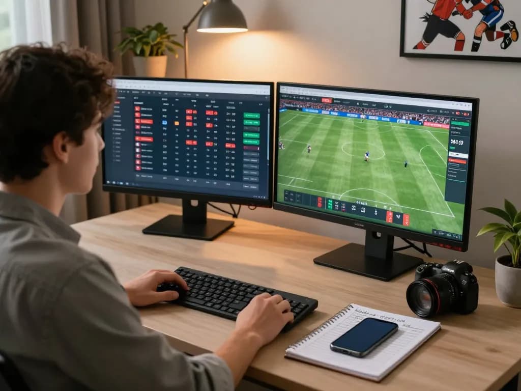 Engaged bettor analyzing sc88 sports odds on dual monitors for strategic betting choices.