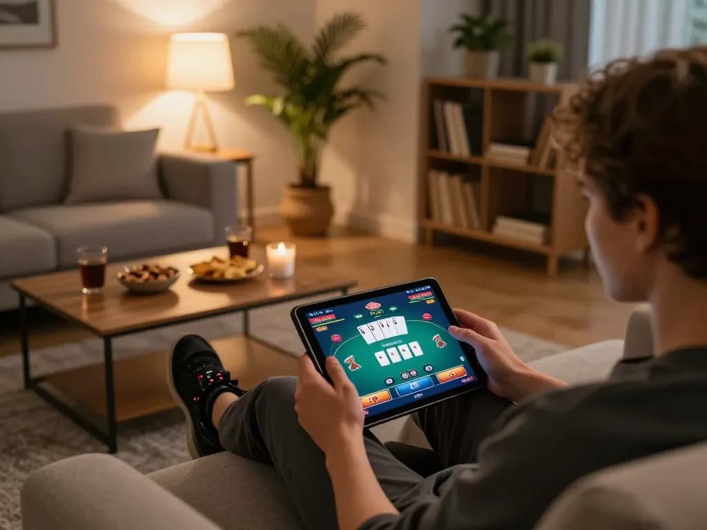 Playing poker online at home with the HI88 app on a tablet, showcasing a cozy atmosphere.