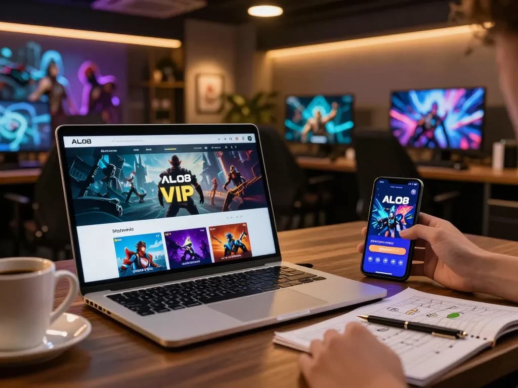 Engaging online gaming scene featuring ALO8 VIP platform on laptop and smartphone.