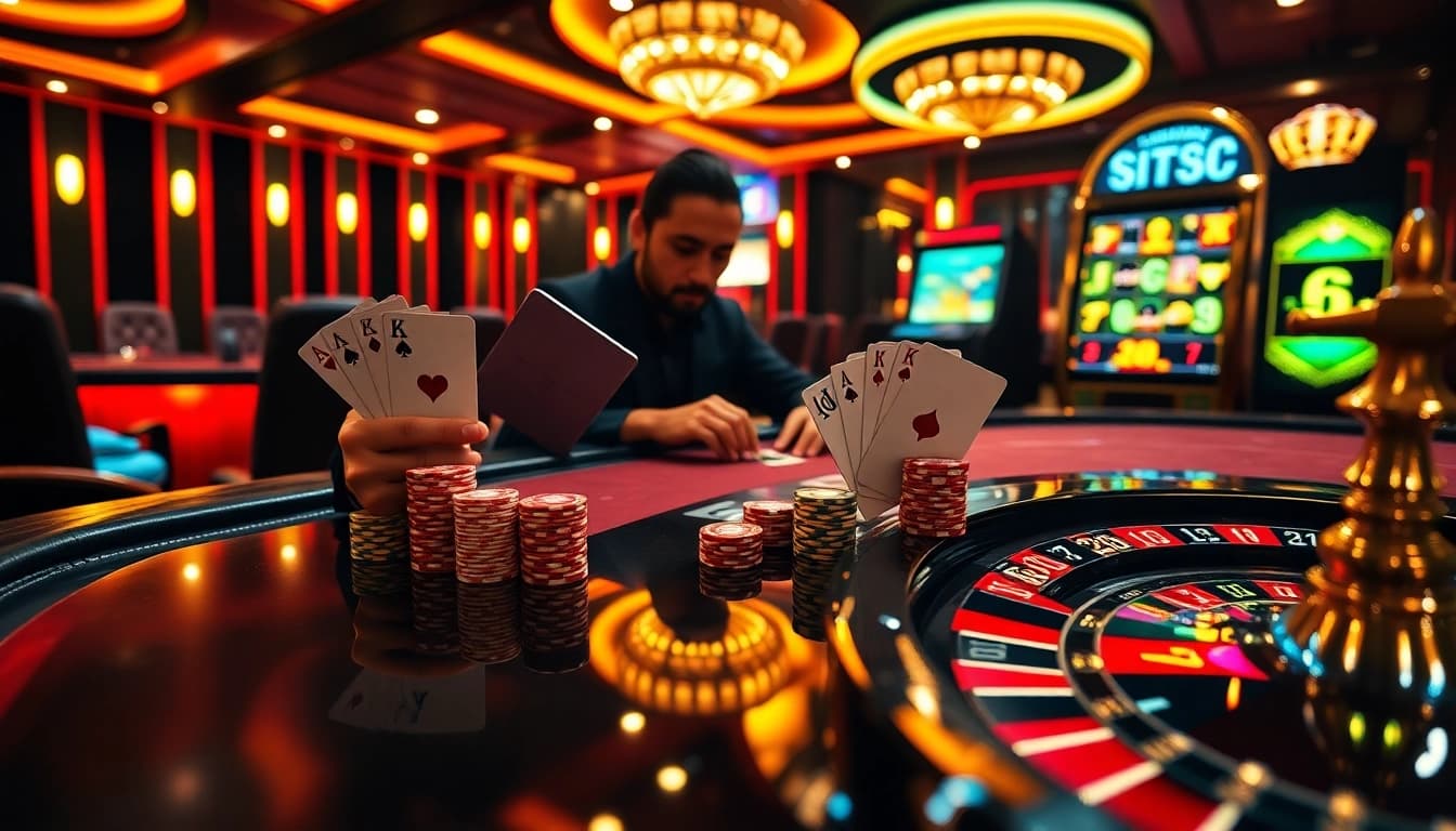 Professional gambler strategically placing poker chips and cards at https://tg88.actor/ casino table for winning bets