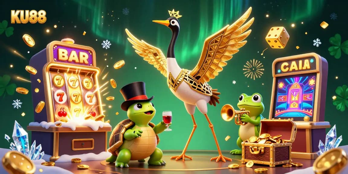 Experience excitement with KU88 slot machine and casino characters in a vibrant 3D illustration.