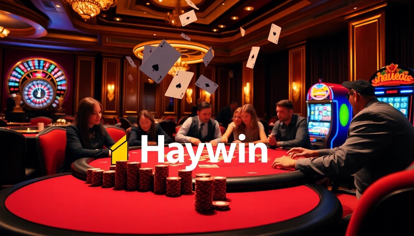 Players engaging in a thrilling poker game at Haywin casino with luxurious decor and vibrant atmosphere.