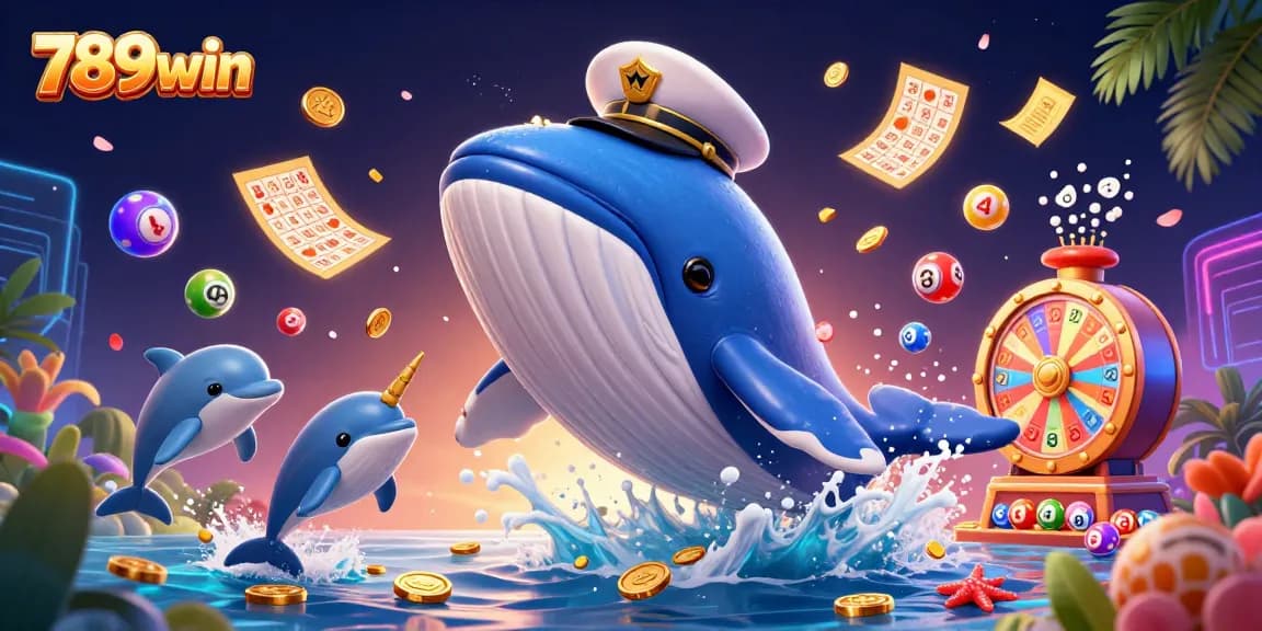 Playful dolphins and a majestic whale represent 789win's vibrant gaming experience with colorful lottery elements.