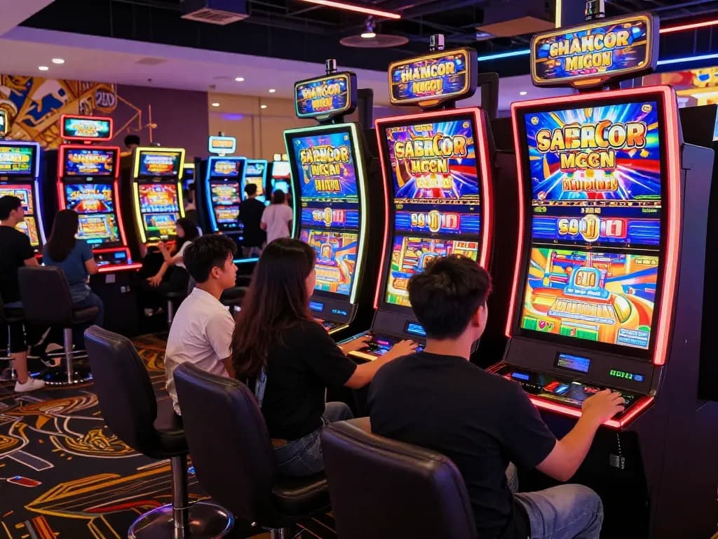 Engaged players enjoying the vibrant Slot Gacor experience at colorful slot machines in a bustling casino.