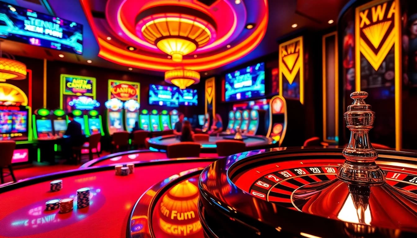 Xem phim fun in an exciting casino scene with engaged players at poker tables and colorful slot machines.