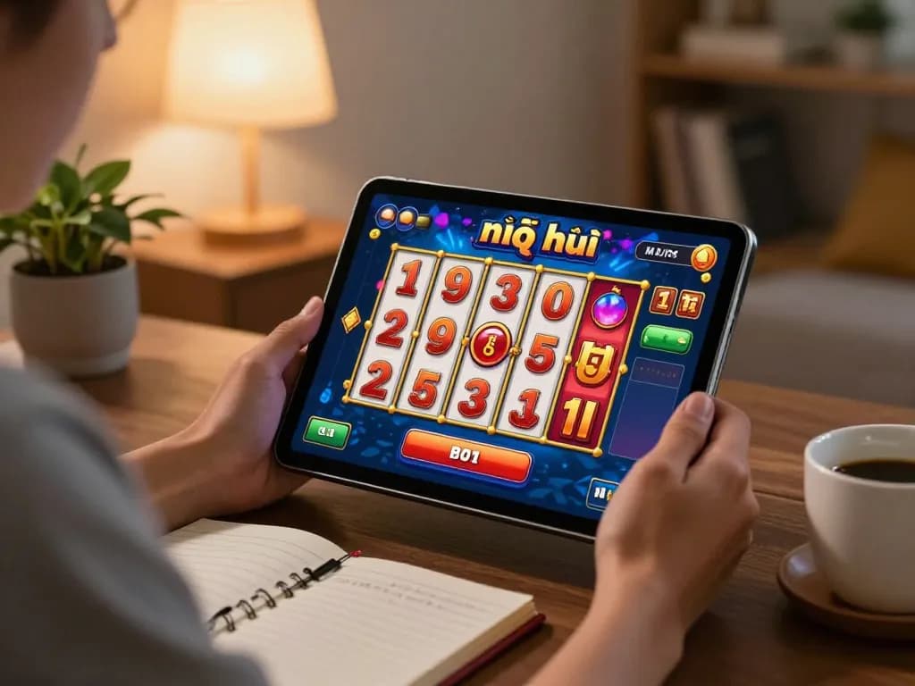 Nổ hũ gameplay on a tablet in a cozy living room setting, illustrating responsible online gambling.