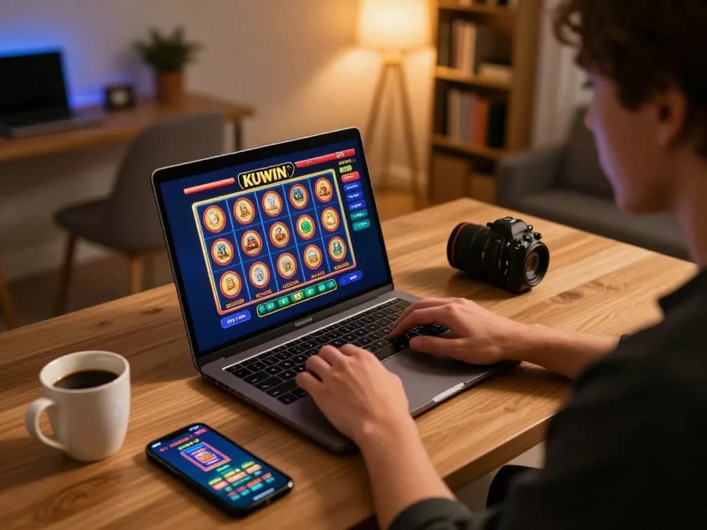 Kuwin online casino gaming on a laptop with vibrant slot game graphics and cozy home office atmosphere