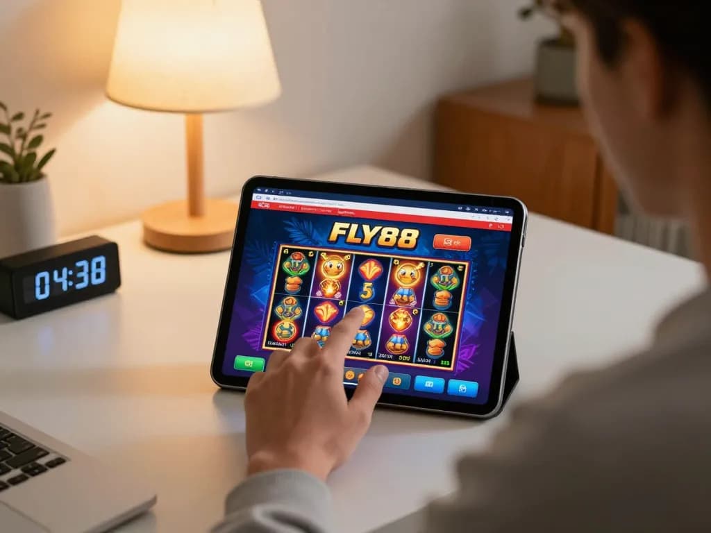 Engaging mobile gameplay on FLY88 online casino tablet at home, highlighting strategic betting moments