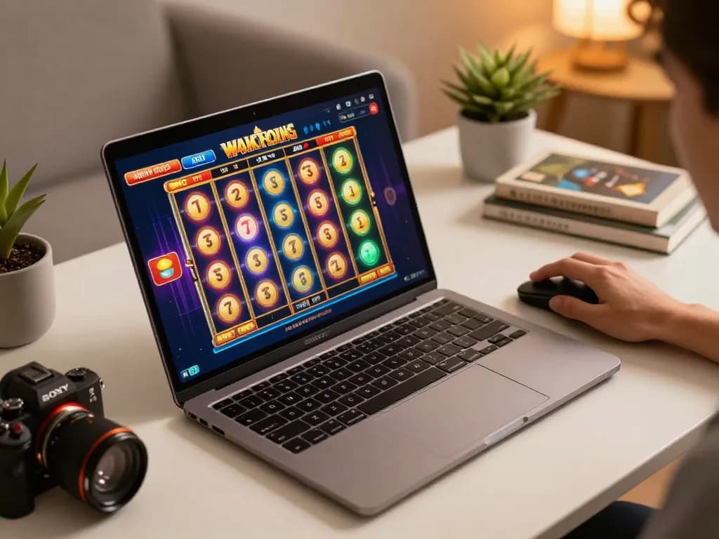Engaging gameplay on a laptop featuring 789win slot game interface in a cozy home setting