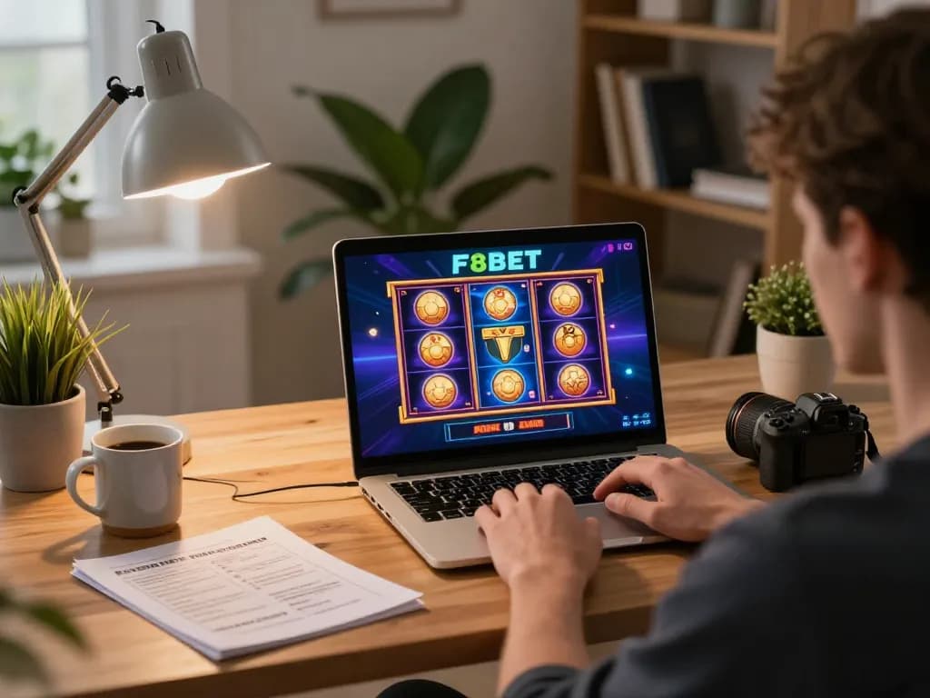 Experience thrilling online F8BET casino games in a stylish home office setup with warm lighting and personal touches.