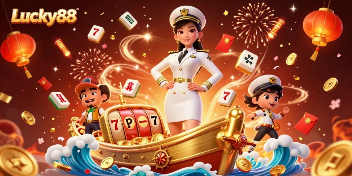 Experience the excitement of Lucky88 with vibrant slot reels and festive elements in a dazzling illustration.