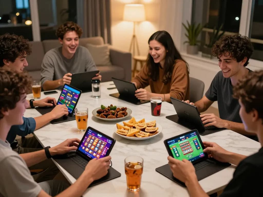 Friends enjoying gaming on BL555 app with cheerful atmosphere.