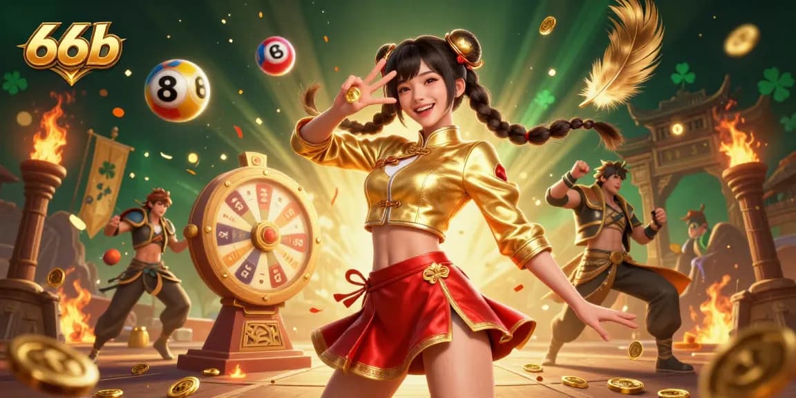 Experience thrilling wins at 66b with a vibrant Asian casino scene featuring spinning prizes, tokens, and lively characters.