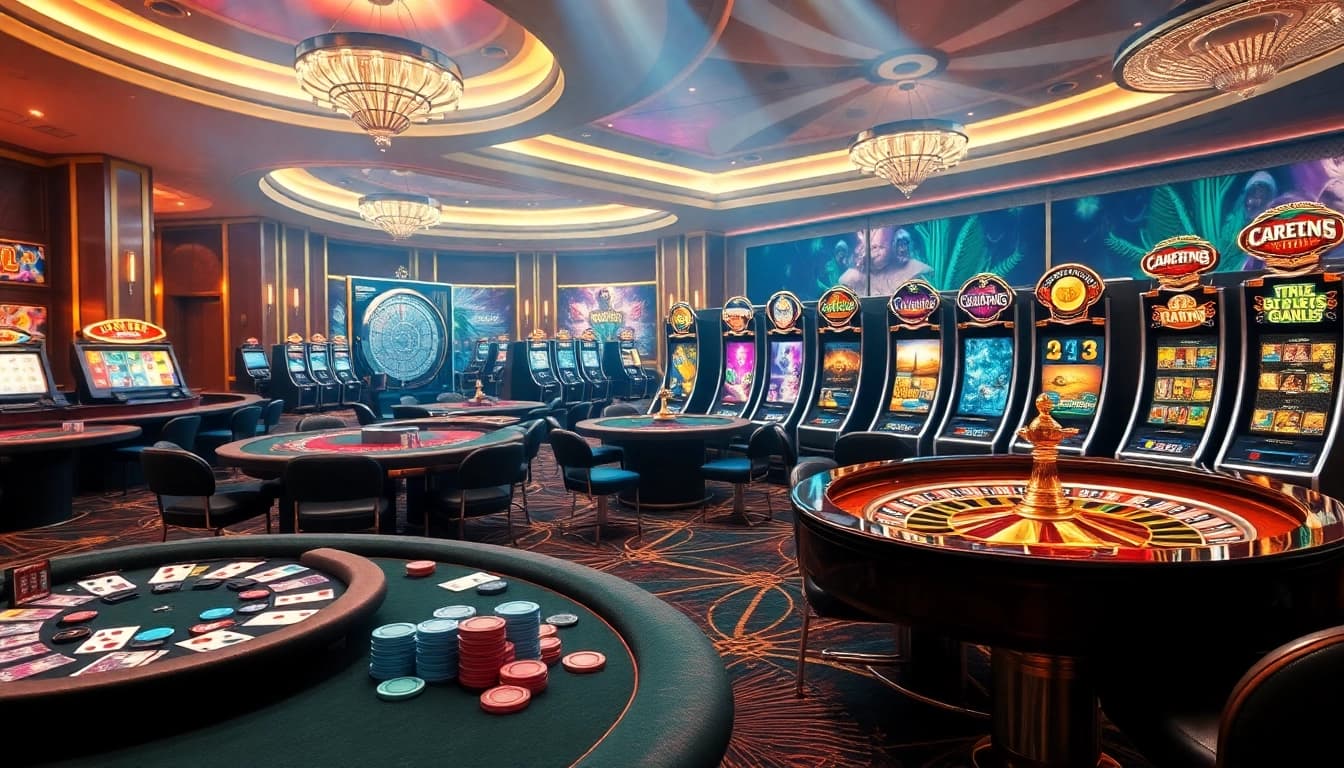 Exciting gambling scene featuring online casino elements at https://hz88mie.com/ with tables, chips, and a roulette wheel.
