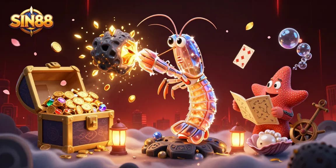 SIN88 features a galactic samurai mantis shrimp in action, surrounded by casino elements and treasures.