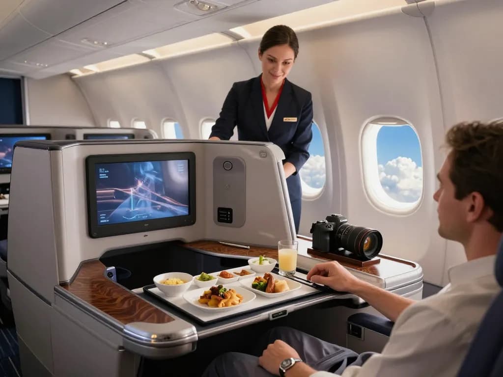 Passenger experiencing luxury in link 789P business class cabin, enjoying gourmet meal and spacious seating