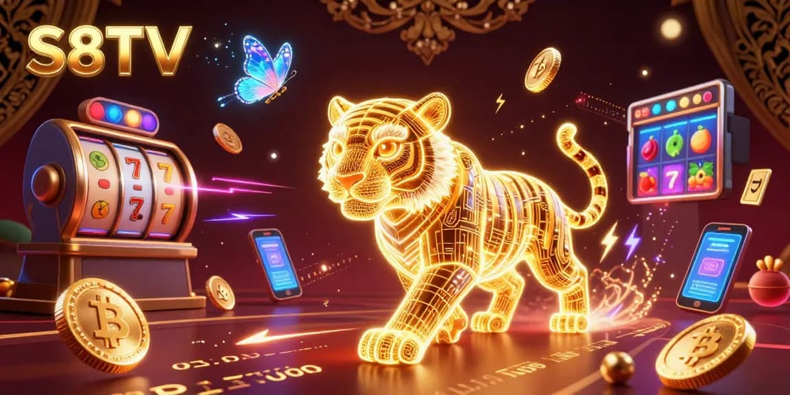 S8TV captivates players with a vibrant digital casino scene featuring a neon tiger and colorful slot reels.