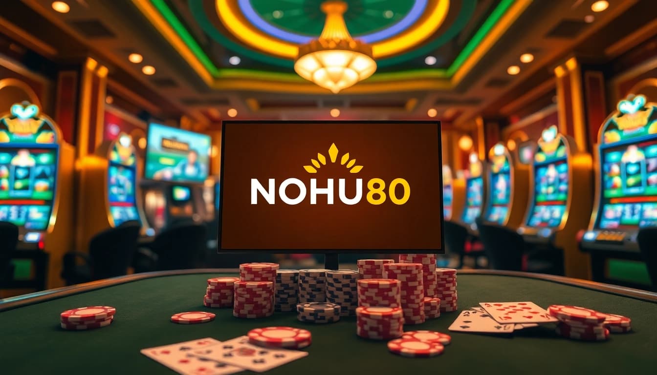 Engage in thrilling experiences with NOHU90 at a luxurious online casino setting featuring vibrant slot machines and poker chips.