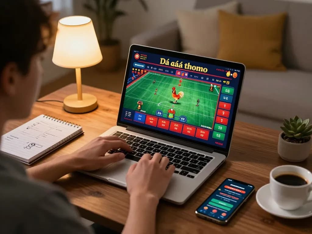 Engaging in Đá gà thomo live betting from a cozy home setup with a laptop showing the match.