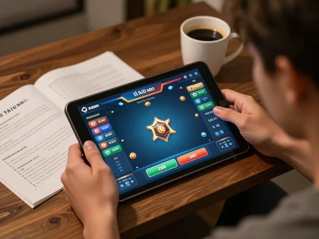 Player engaging in tài xỉu md5 game on tablet, showcasing strategic online gambling.