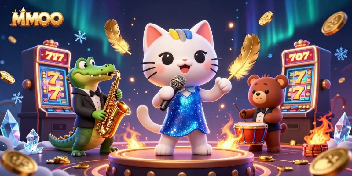 MMOO casino scene featuring a singing cat, saxophone crocodile, and bear cub celebrating winning on slot machines.