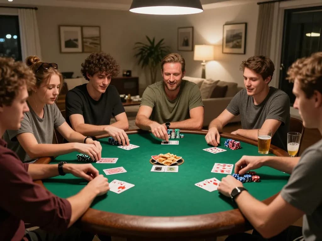 Friends enjoying a poker night with lapak303 strategies, chips and cards in play.
