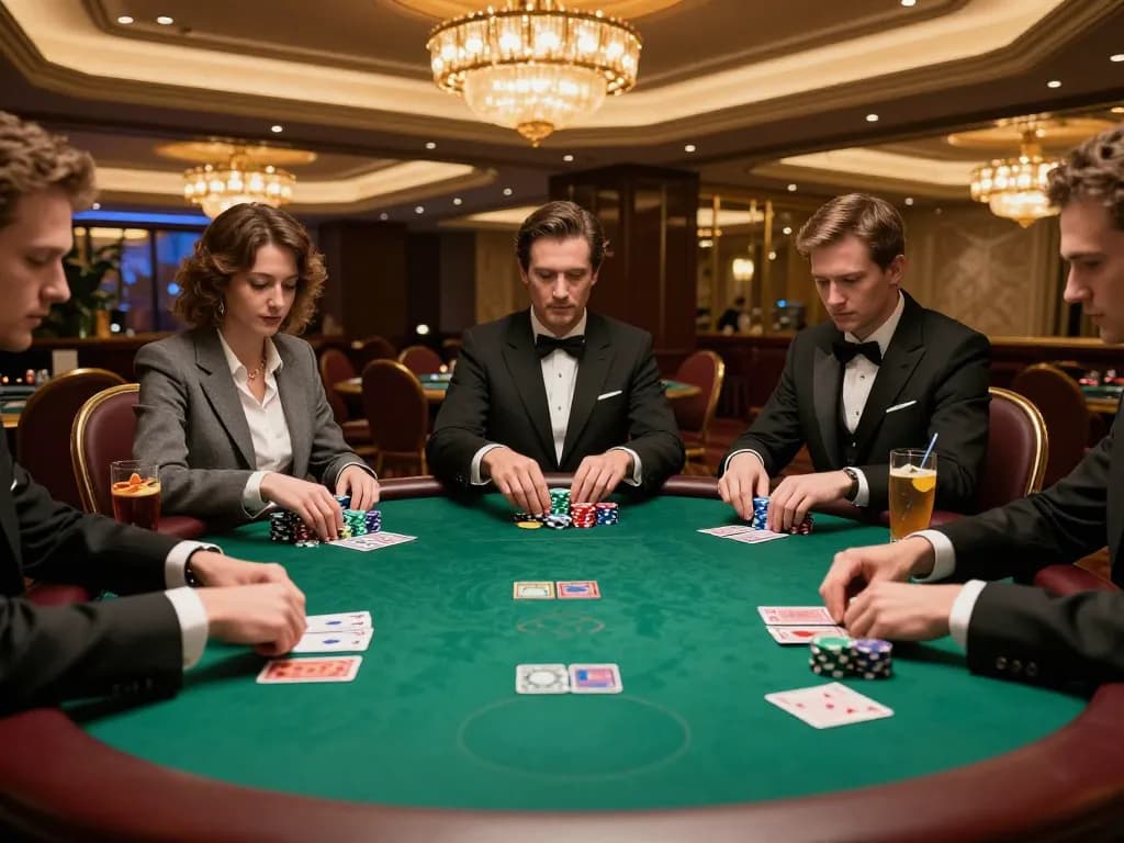 Watch players engage in strategic gameplay at 79KING's high-stakes poker table in a luxurious setting.
