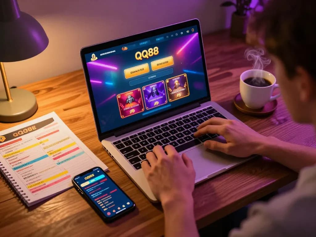Playqq88 online casino on a stylish laptop in a cozy gaming setup.