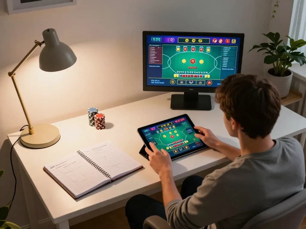 Player enjoying an online blackjack game at home on lv88 tablet interface with strategic notes.