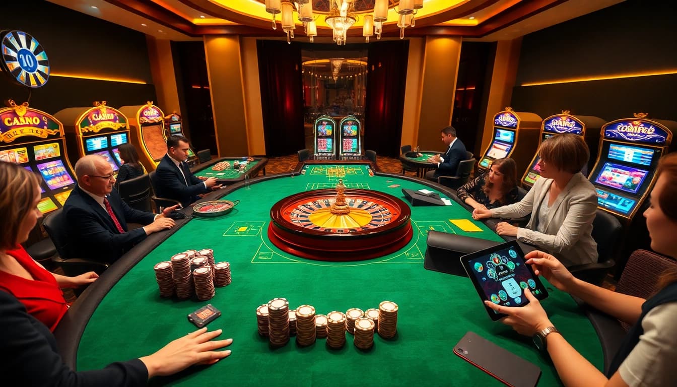 Exciting casino gaming atmosphere featuring 13win.com, poker chips, roulette, and slot machines.