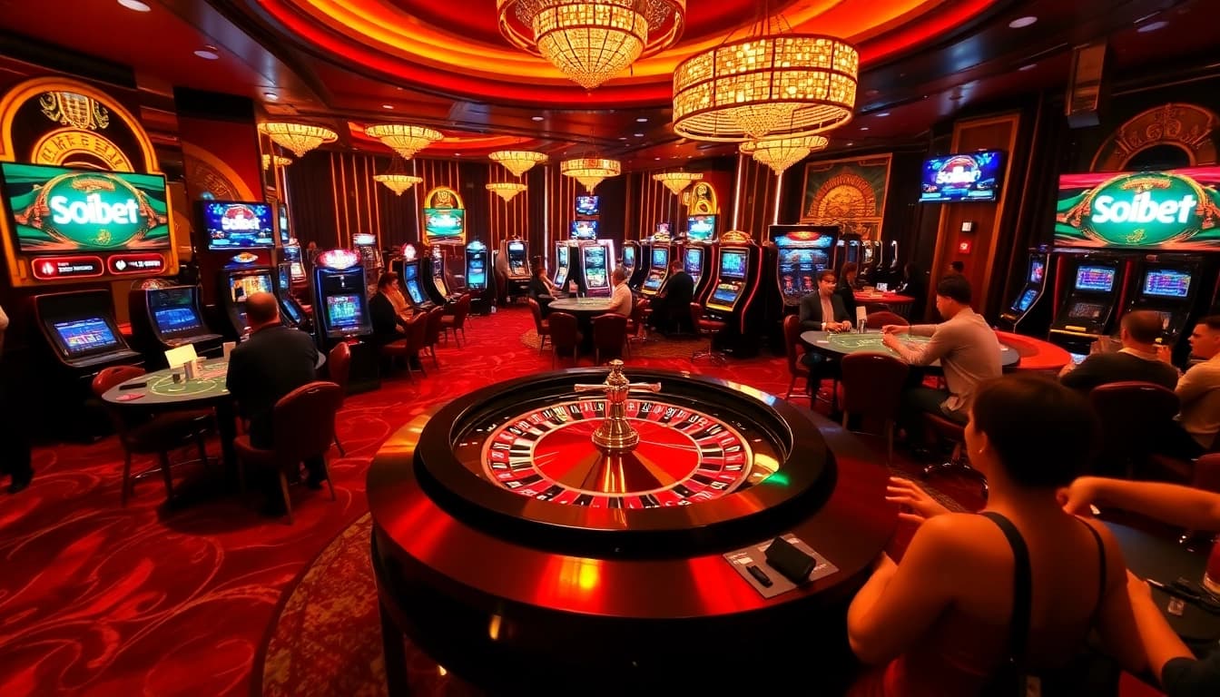 Experience the excitement of เว็บตรง soibet with a captivating casino scene showcasing diverse games, players, and luxurious ambiance.