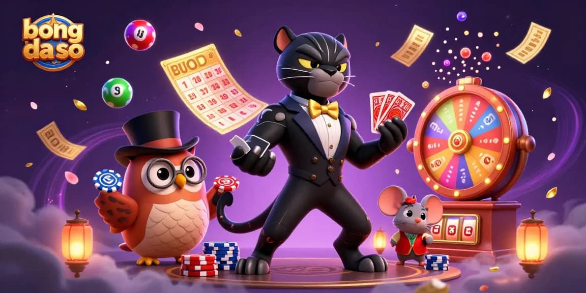Engage in exciting gameplay strategies at Bong da so with a colorful casino illustration featuring charismatic characters.